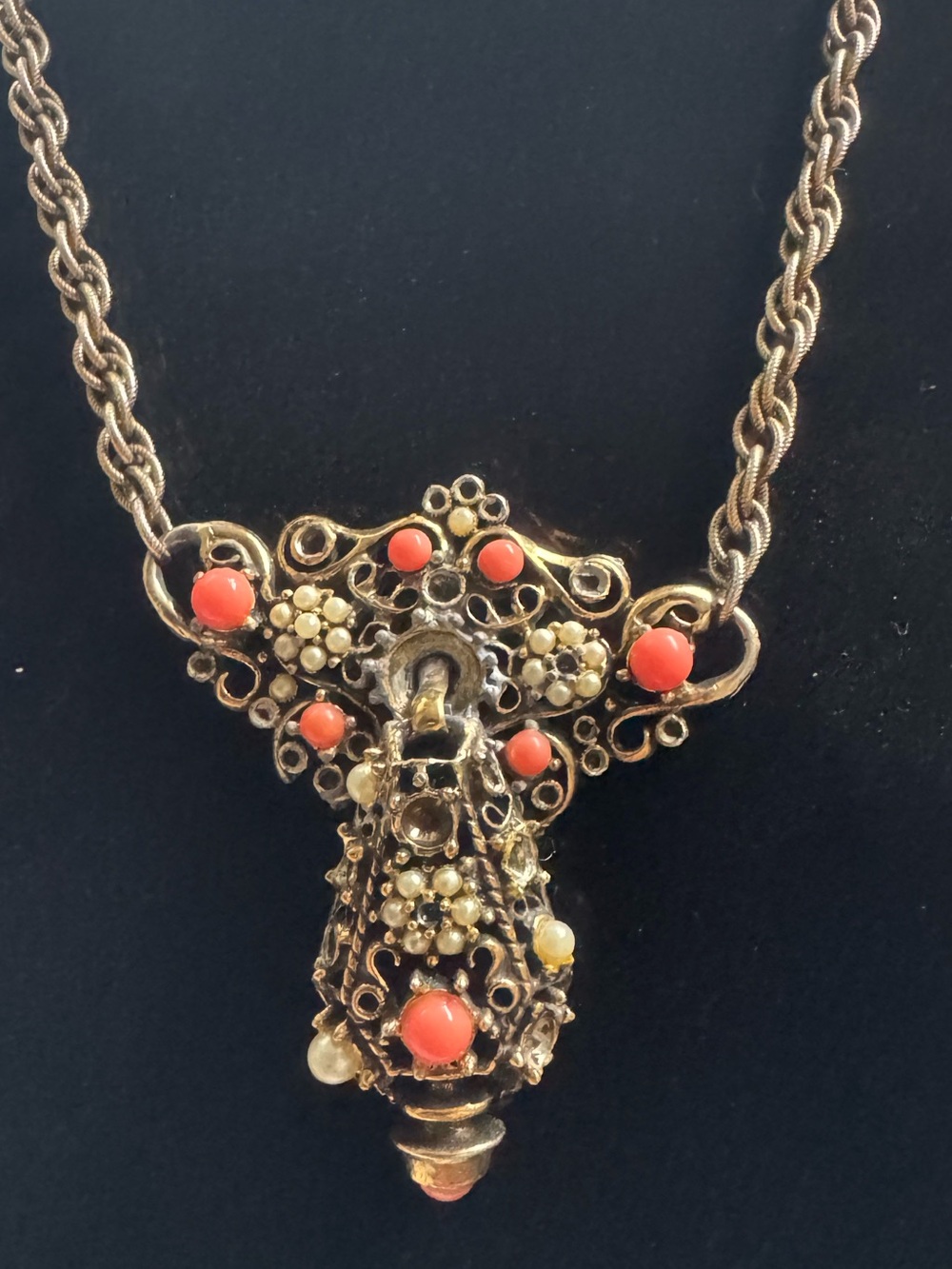 Vintage Brass Our Lady of San Juan de los Lagos Filigree Necklace Faux Coral